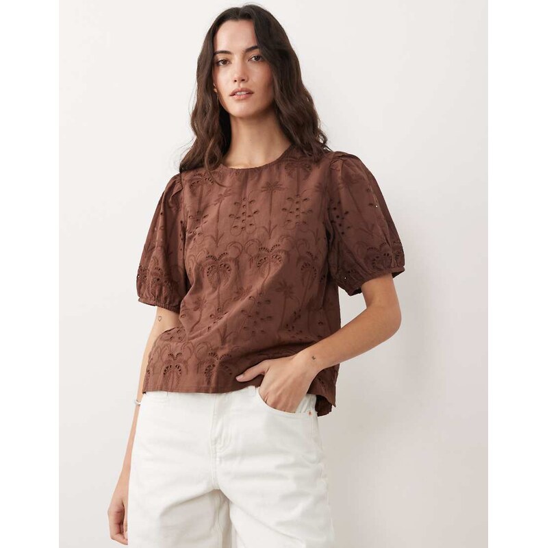 New Look palm cutwork puff sleeve t-shirt in brown