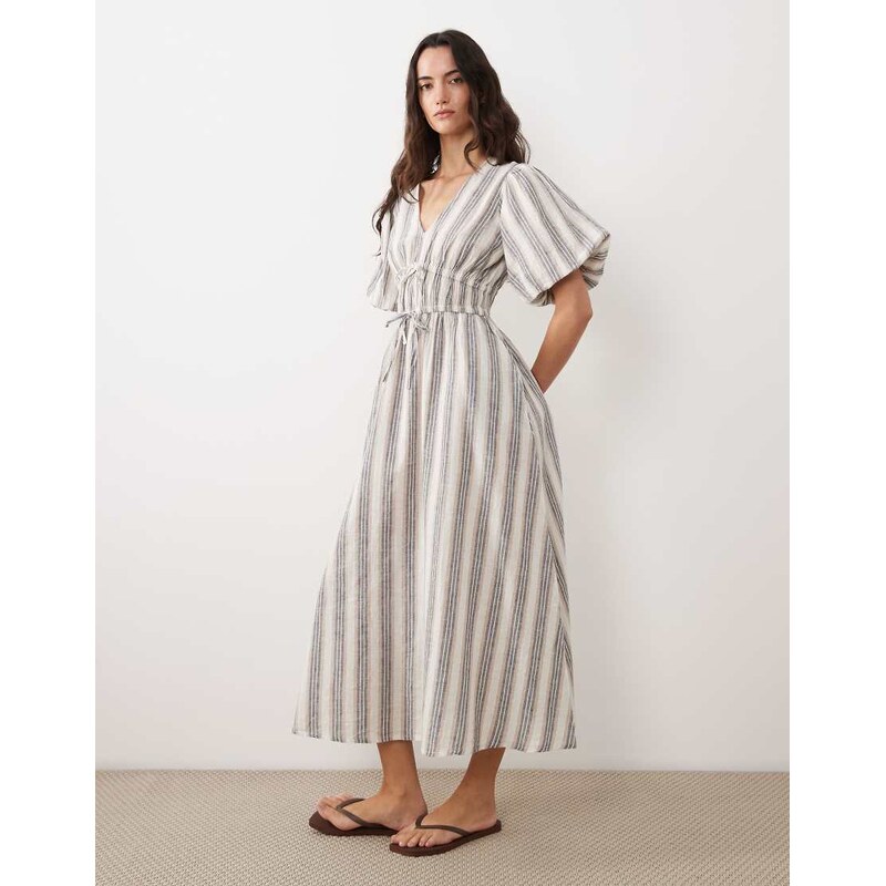 New Look stripe puff sleeve midi dress in cream-White