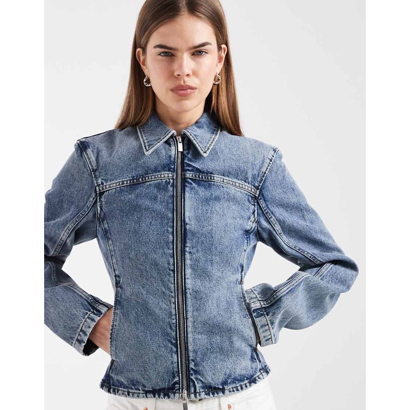 & Other Stories slim zip through denim jacket in mid blue wash 114856395