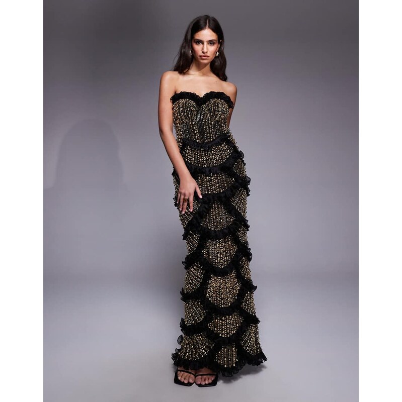 ASOS LUXE gem embellished bandeau maxi dress with scallop hem in black 114569394