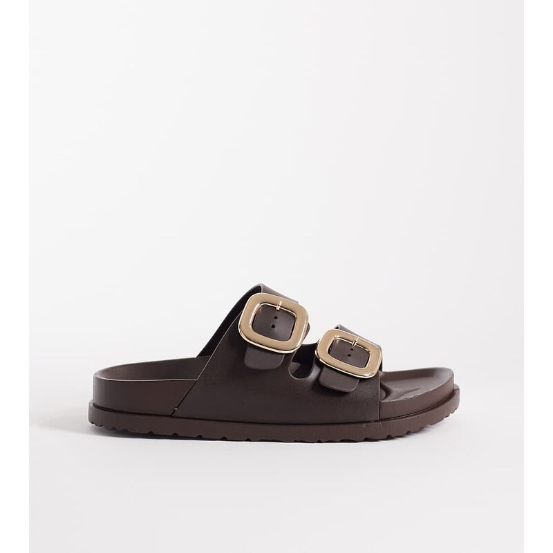 London Rebel Wide Fit Astra double buckle sandals in choc-Brown