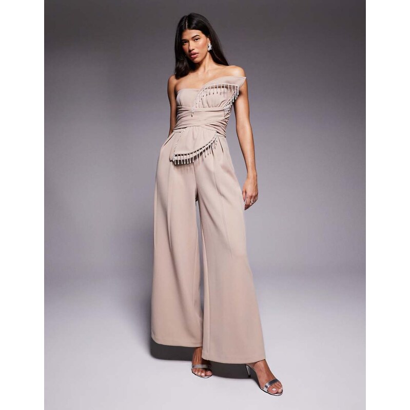 ASOS LUXE 3D petal jumpsuit with drop bead detail in stone-Neutral 114569458