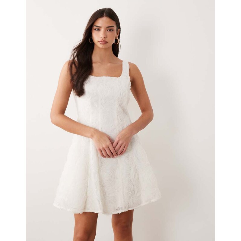 YAS 3D floral applique flippy mini dress in gardenia white