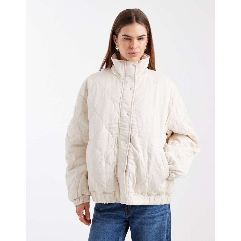 ASOS DESIGN quilted bomber jacket with yoke detail in cream-Neutral 115516278