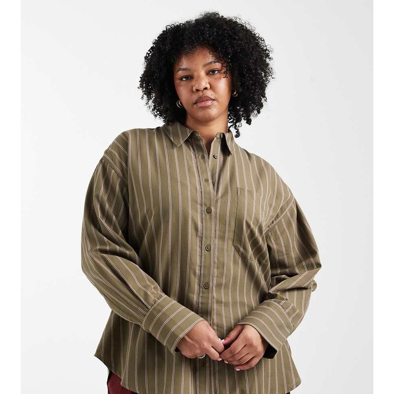 ASOS Curve ASOS DESIGN Curve oversized shirt in green stripe 115517157