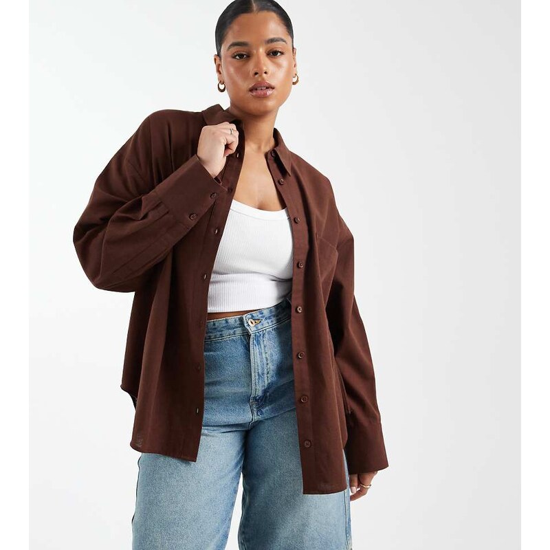 ASOS Curve ASOS DESIGN Curve oversized shirt with linen in brown 115517775