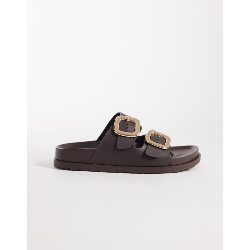 London Rebel Astra double buckle sandals in choc-Brown