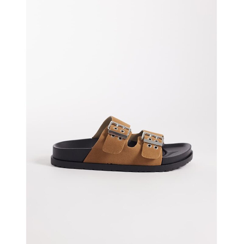 London Rebel Morgan double buckle flat sandals in tan-Brown