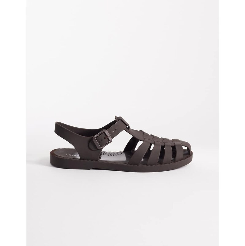 London Rebel Abby caged flat sandal in choc matt-Brown