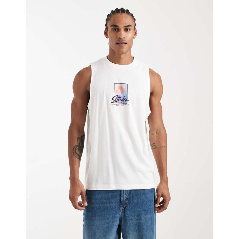 ASOS DESIGN relaxed tank with front puff print graphic in white
