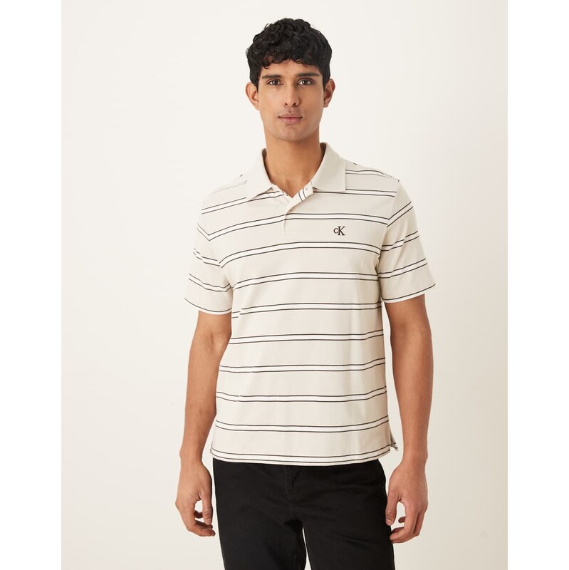Calvin Klein Jeans jersey polo shirt in cream stripe-White
