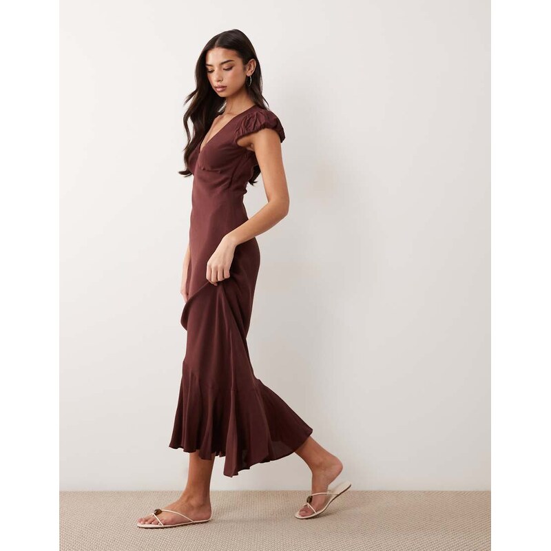 ASOS DESIGN puff sleeve v neck maxi tea dress in chocolate-Brown