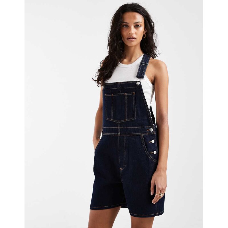 ASOS DESIGN denim dungaree playsuit in rinse wash-Navy