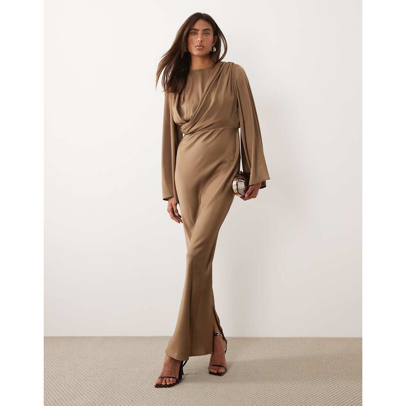 ASOS DESIGN flute sleeve draped maxi dress in taupe-Brown