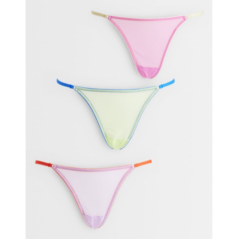 ASOS DESIGN 3 pack sheer mesh tanga thong with contrast trim in lilac, 114569550