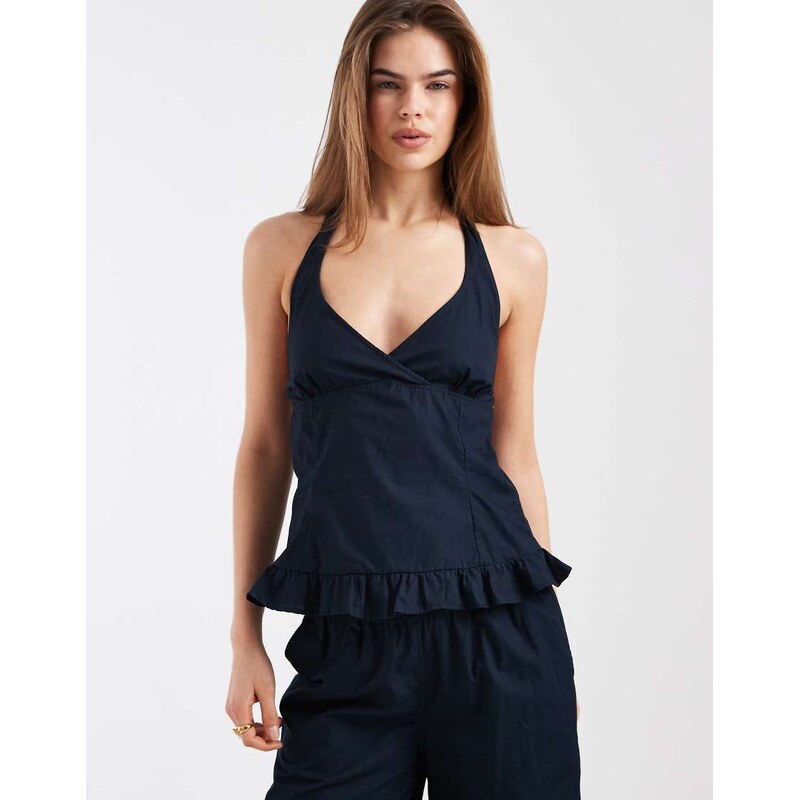 Motel co-ord Tamzen frill edged halter neck top in dark navy 114569560