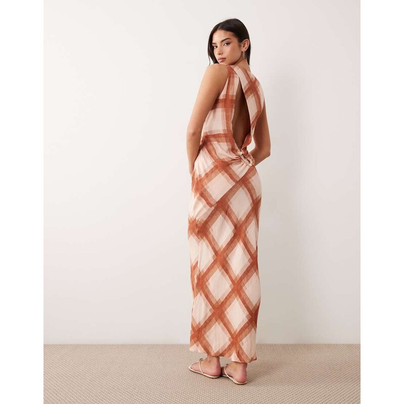 ASOS DESIGN draped open back trim detail linen look maxi dress
