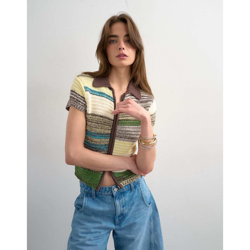 Topshop knitted zip through stripe polo in yellow