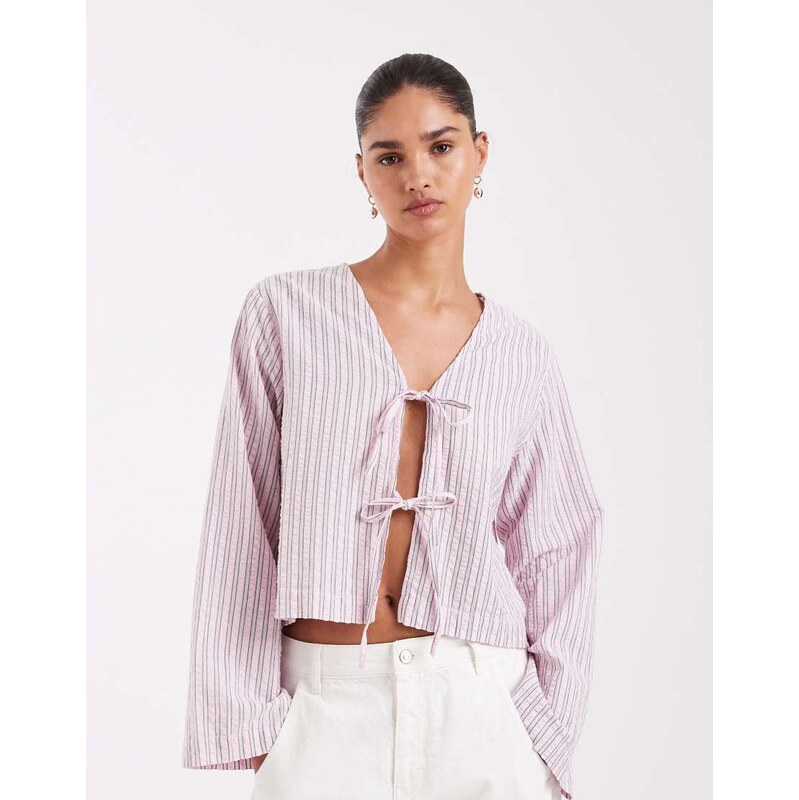 JJXX tie front stripe top in pink 114573247