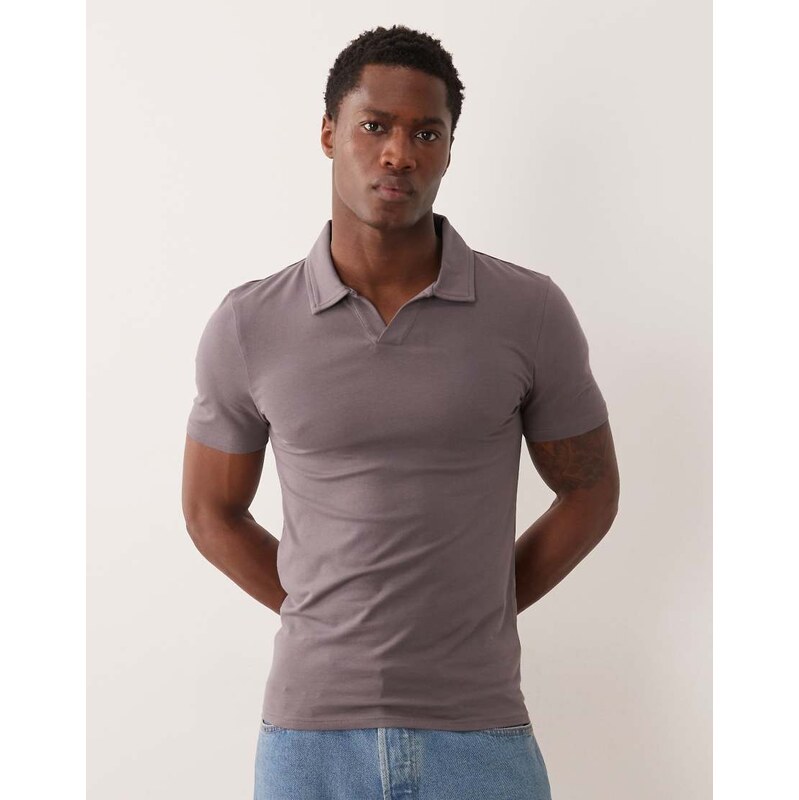 ASOS DESIGN Essentials muscle fit polo with notch collar in charcoal-Grey