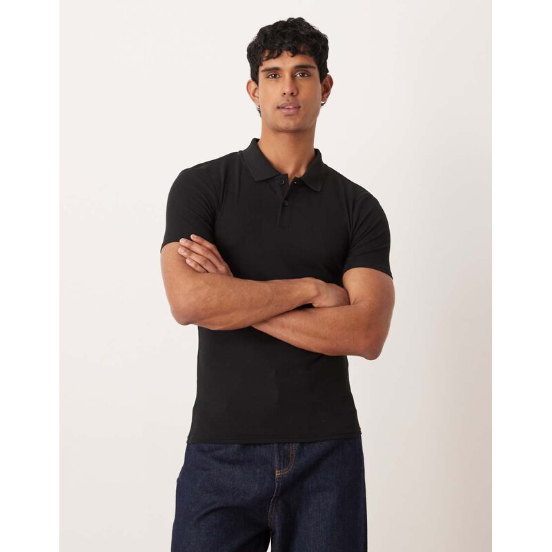 ASOS DESIGN Essentials muscle fit polo in black rib