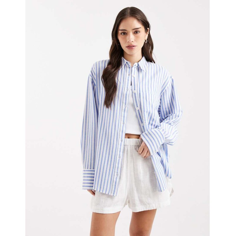 ASOS DESIGN oversized shirt with linen in blue stripe
