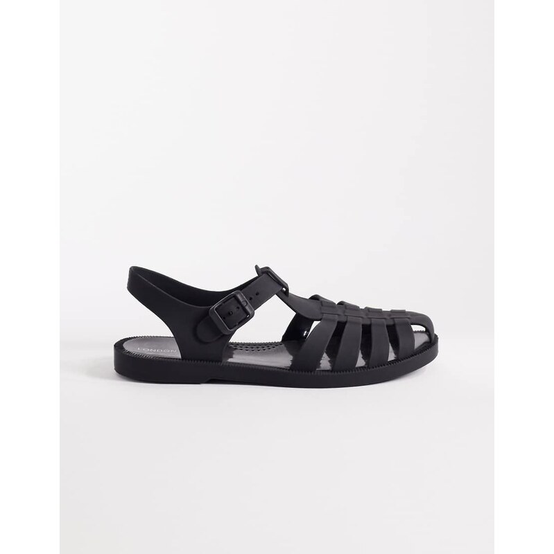 London Rebel Abby caged flat sandal in black matt
