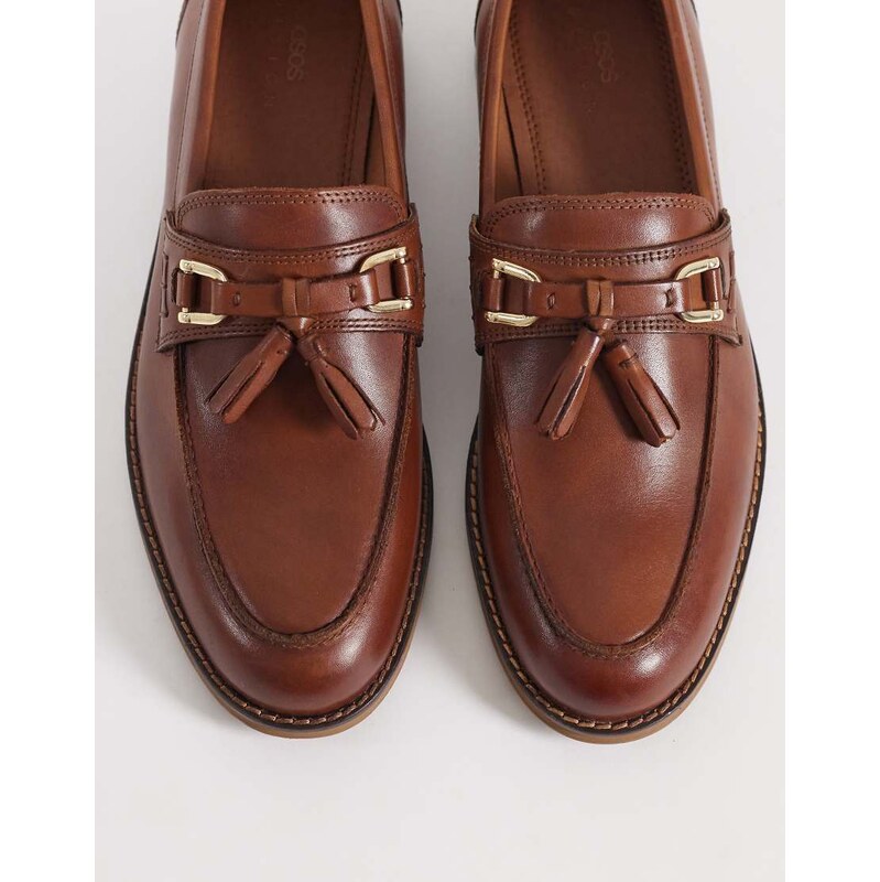 ASOS DESIGN tassel loafers in tan leather-Brown