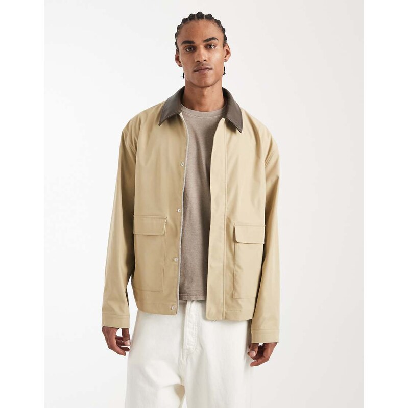 ASOS DESIGN barn jacket with contrast collar in stone-Neutral