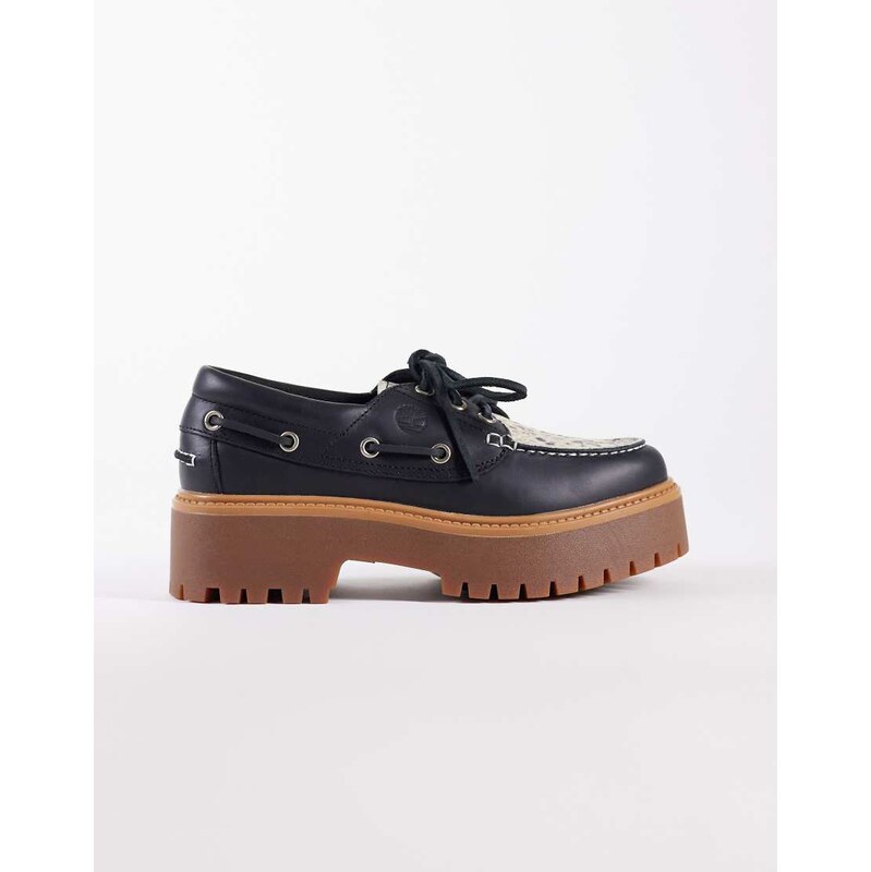 Timberland Stone Street platform 3 eye boat shoes in suede snake print 114573234