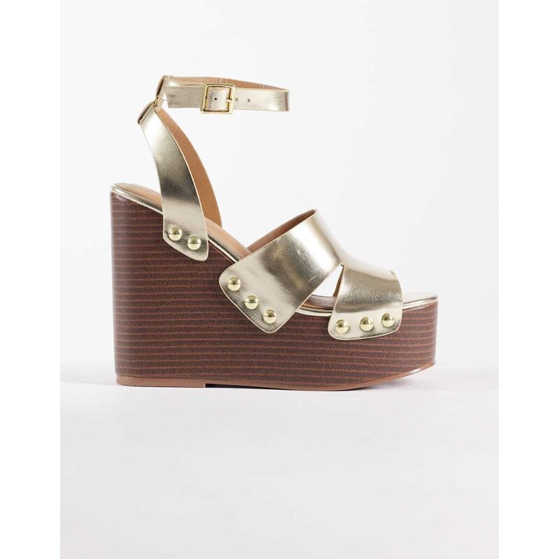 ASOS DESIGN Tamara cut out studded wedges in pale gold 115520237