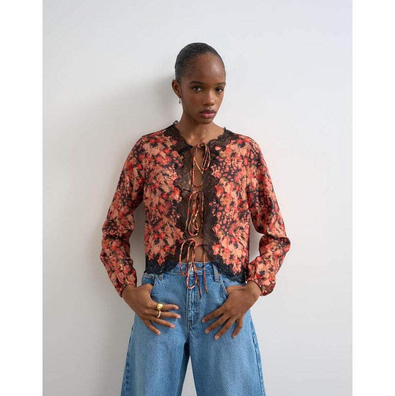 Topshop tie front lace detail blouse in floral print-No colour