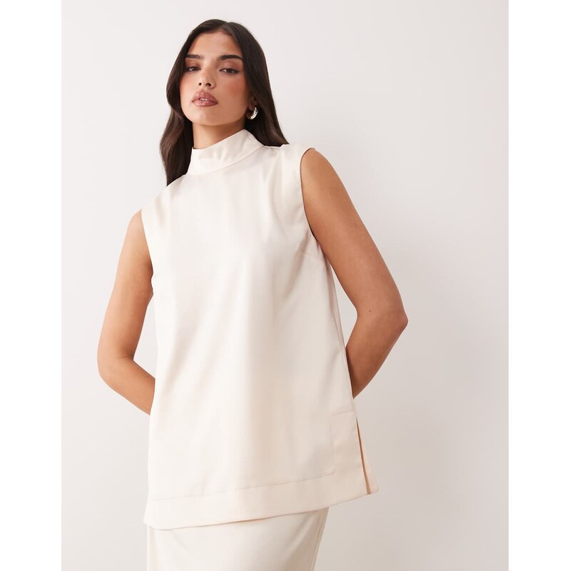 ASOS DESIGN co-ord sleeveless high neck top in satin-White