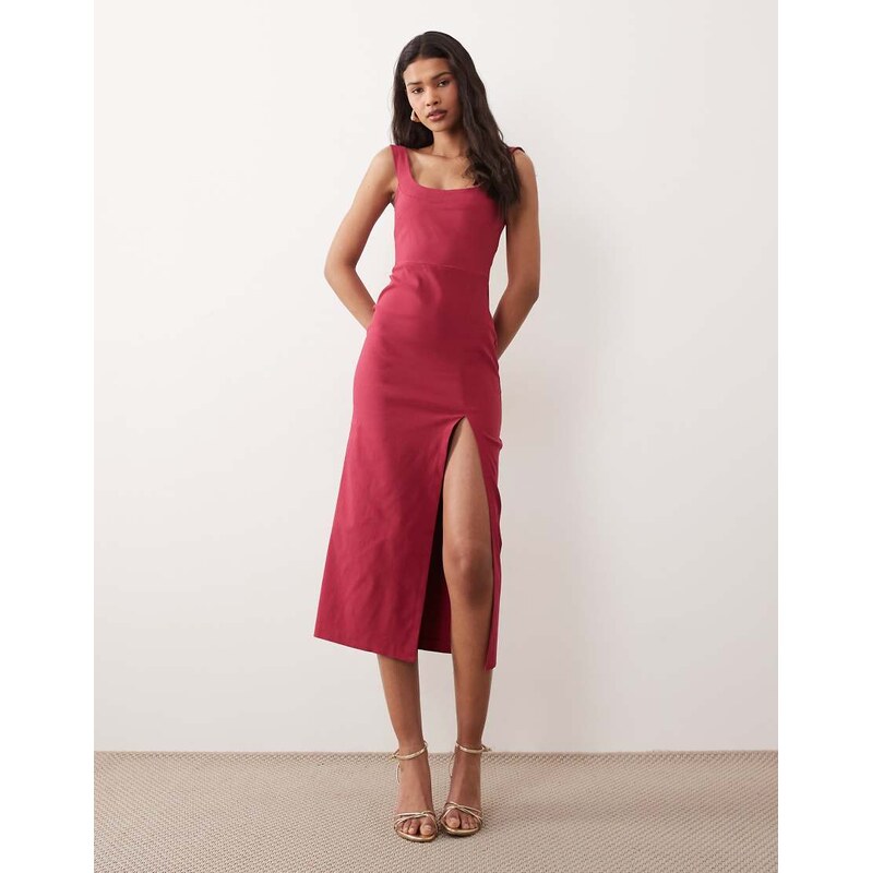 Vesper bengaline scoop neck thigh split midi dress in raspberry