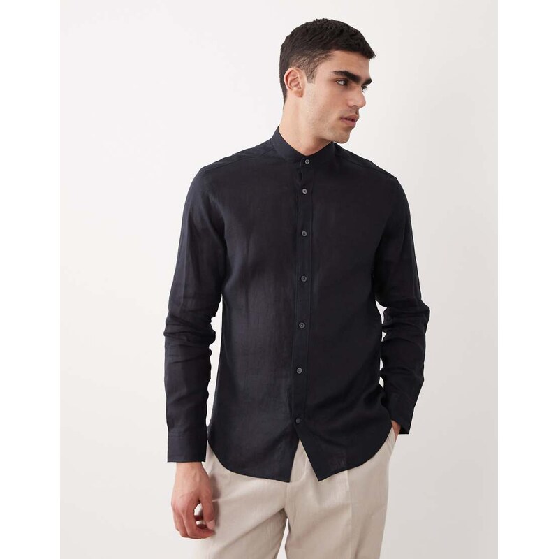 Mango 100% linen mao neck log sleeve shirt in navy