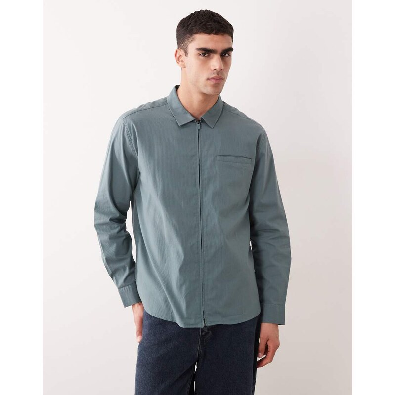 ASOS DESIGN relaxed zip up ribbed shirt in blue