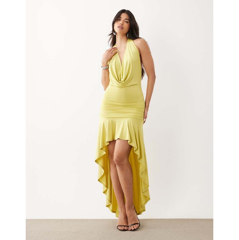 Murci slinky cowl halterneck plunge detail ruffle high-low maxi dress 115521859