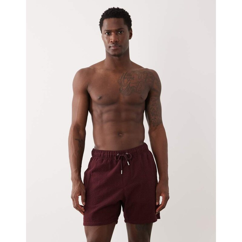 ASOS DESIGN seersucker swim shorts in mid length in burgundy-Red