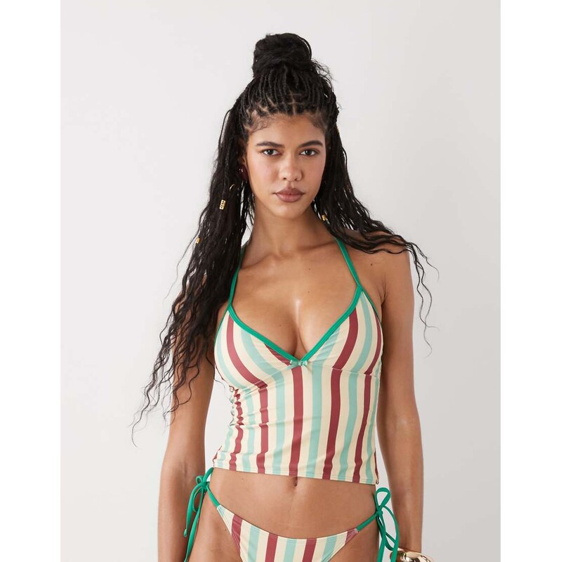 Reclaimed Vintage v neck tankini top in green and yellow retro stripe 114589477