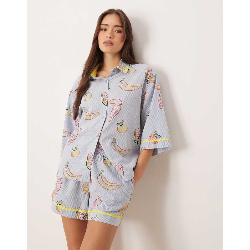 Chelsea Peers tropical line drawing stripe print short sleeve set 114584446