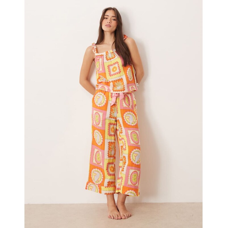 Chelsea Peers tropical grid print cheesecloth cami long nightwear set 114584445