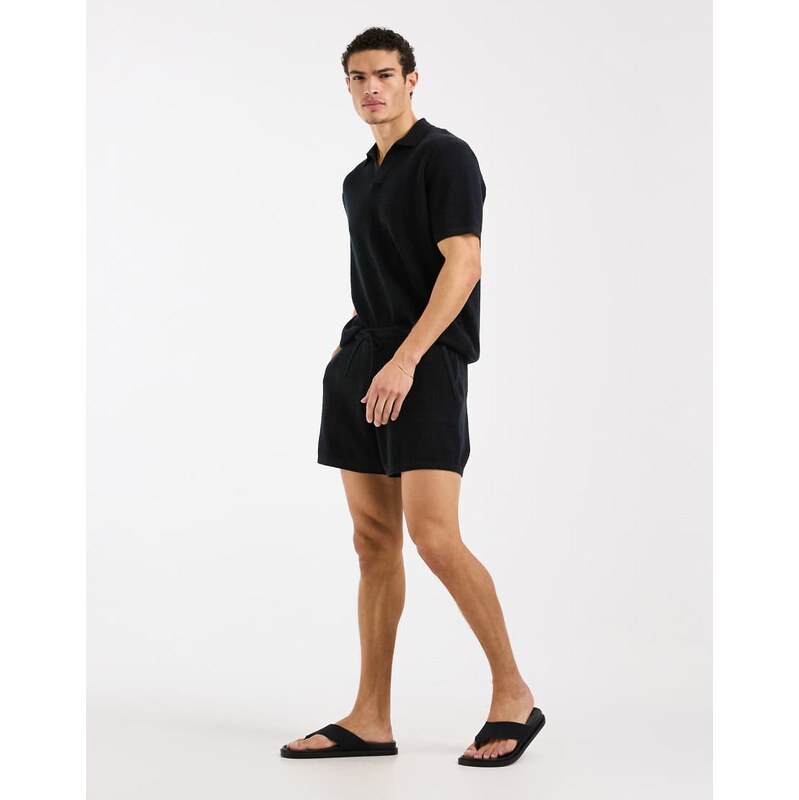 ASOS DESIGN knitted co-ord airtex shorts in black - BLACK