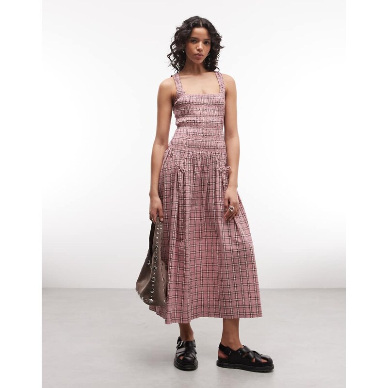 COLLUSION square neck shirred midi dress in pink check 114587981