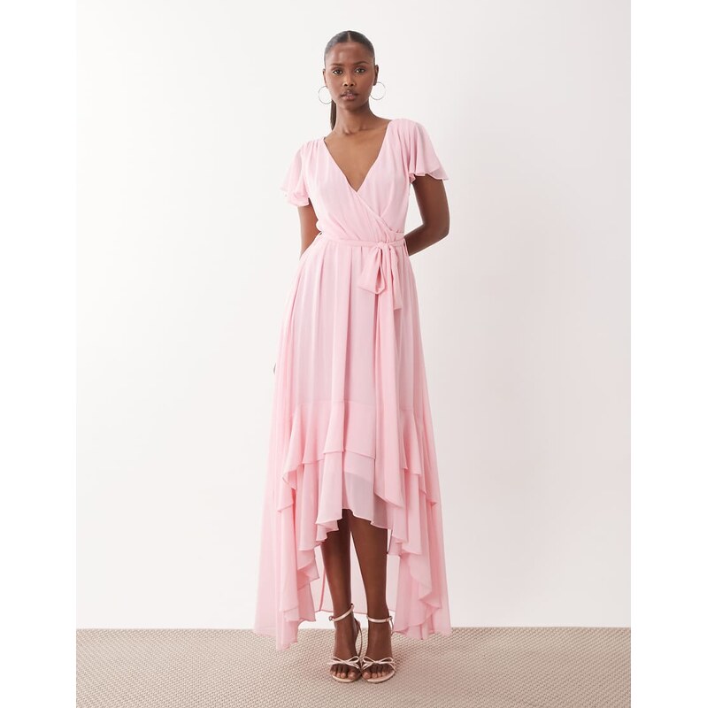 TFNC Bridesmaid chiffon v neck tie detail asymmetric hem maxi dress in 114598369