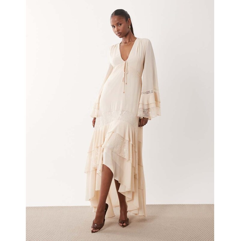 TFNC v neck long sleeve frilly chiffon maxi dress in cream-White 114588020