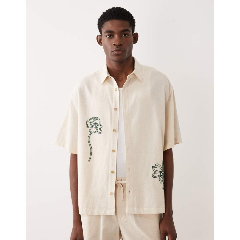 ASOS DESIGN oversized shirt with linen and rope embroidery