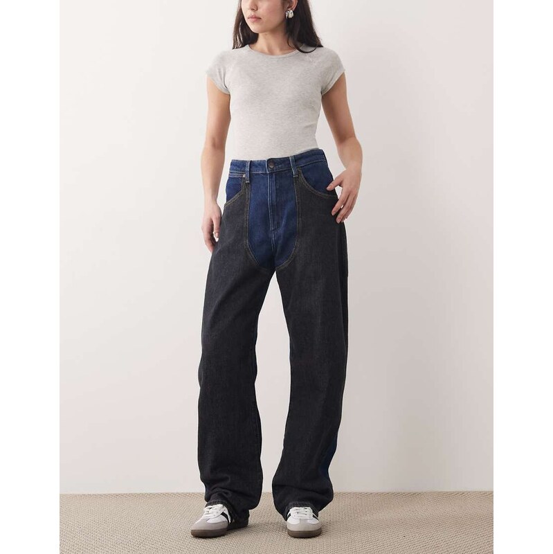 Wrangler patched barrel jeans in black and medium blue wash