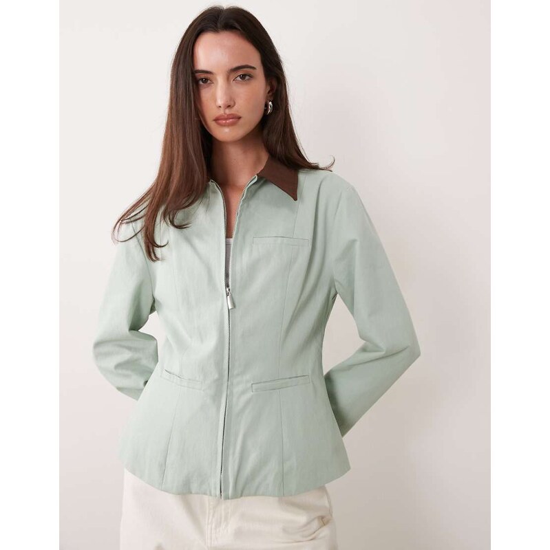Ghospell pure cotton hourglass cinched waist jacket in mint