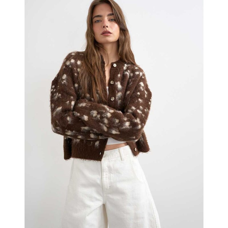 Topshop knitted brushed animal cardigan in brown 114584596