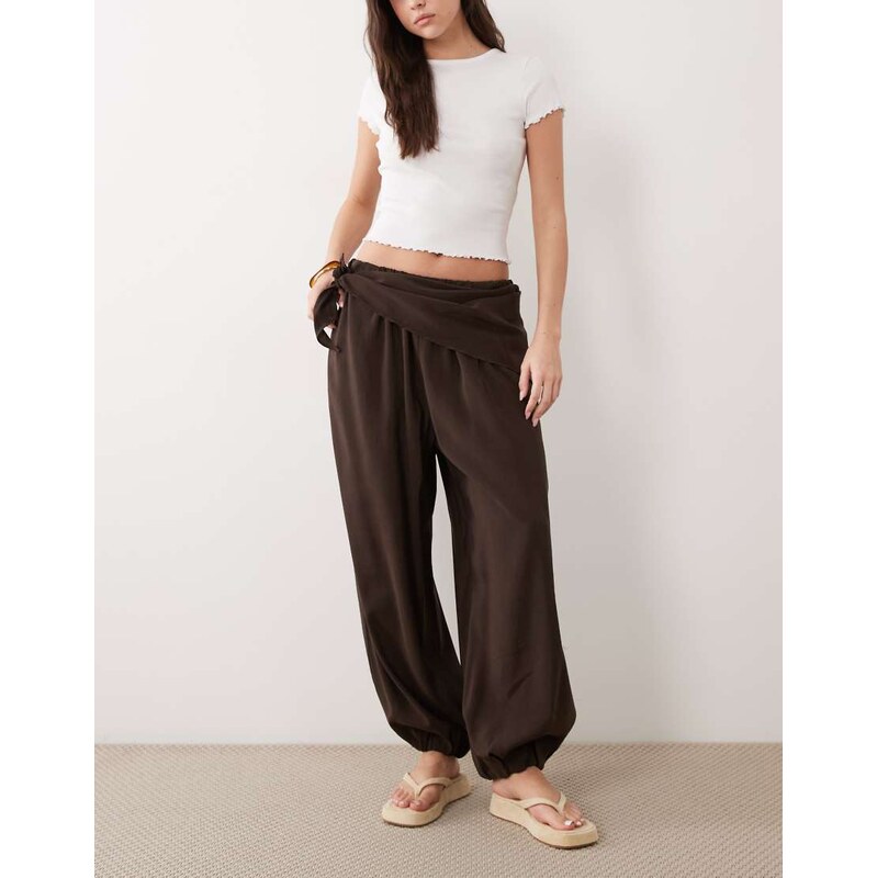 ASOS DESIGN modal look tie waist balloon trouser in chocolate